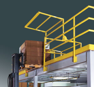 MZ Series pivoting industrial mezzanine gates in carbon steel yellow powder coat